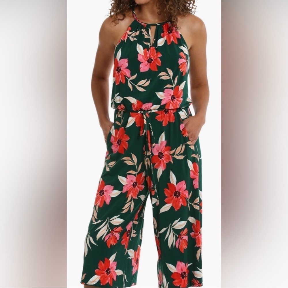 Maggie London Floral Halter Jumpsuit in Green and Red NWT size 6